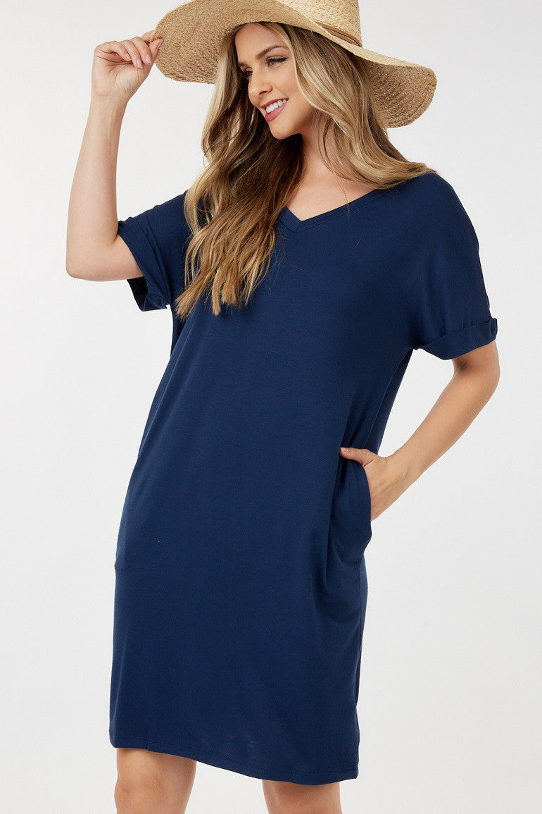 Short folded Sleeve V neck Dress Navy