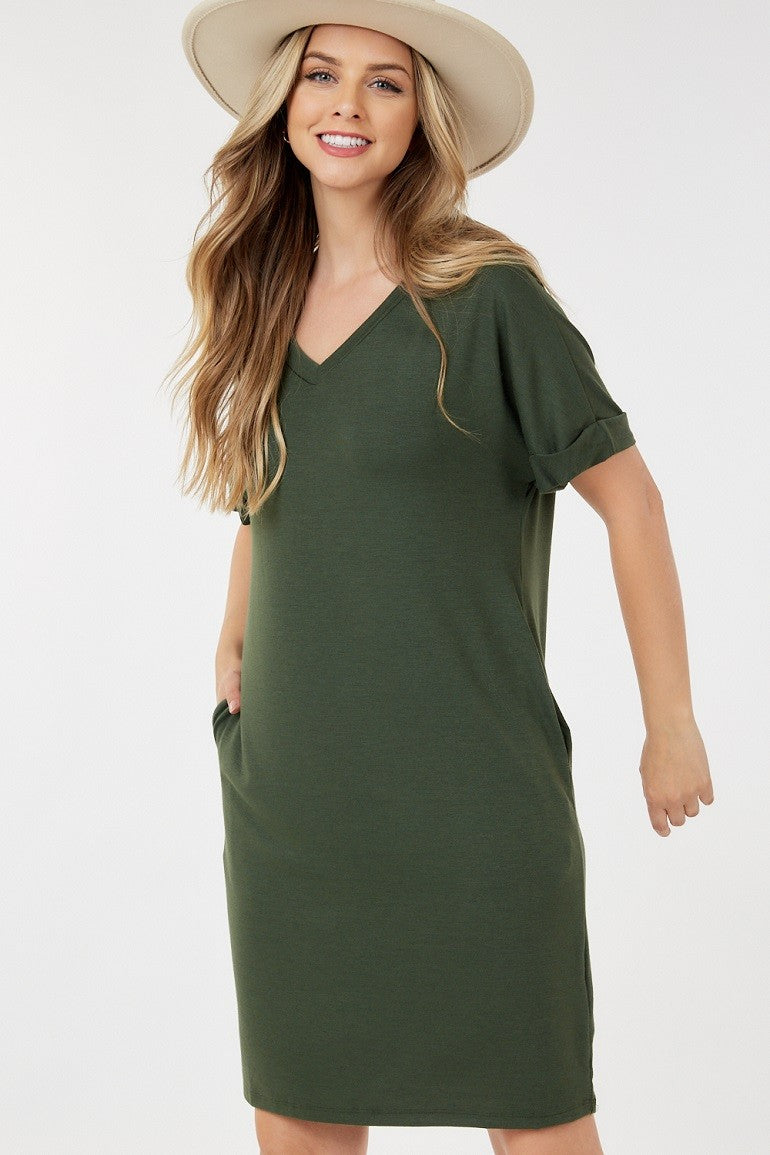 Short folded Sleeve V neck Dress Olive