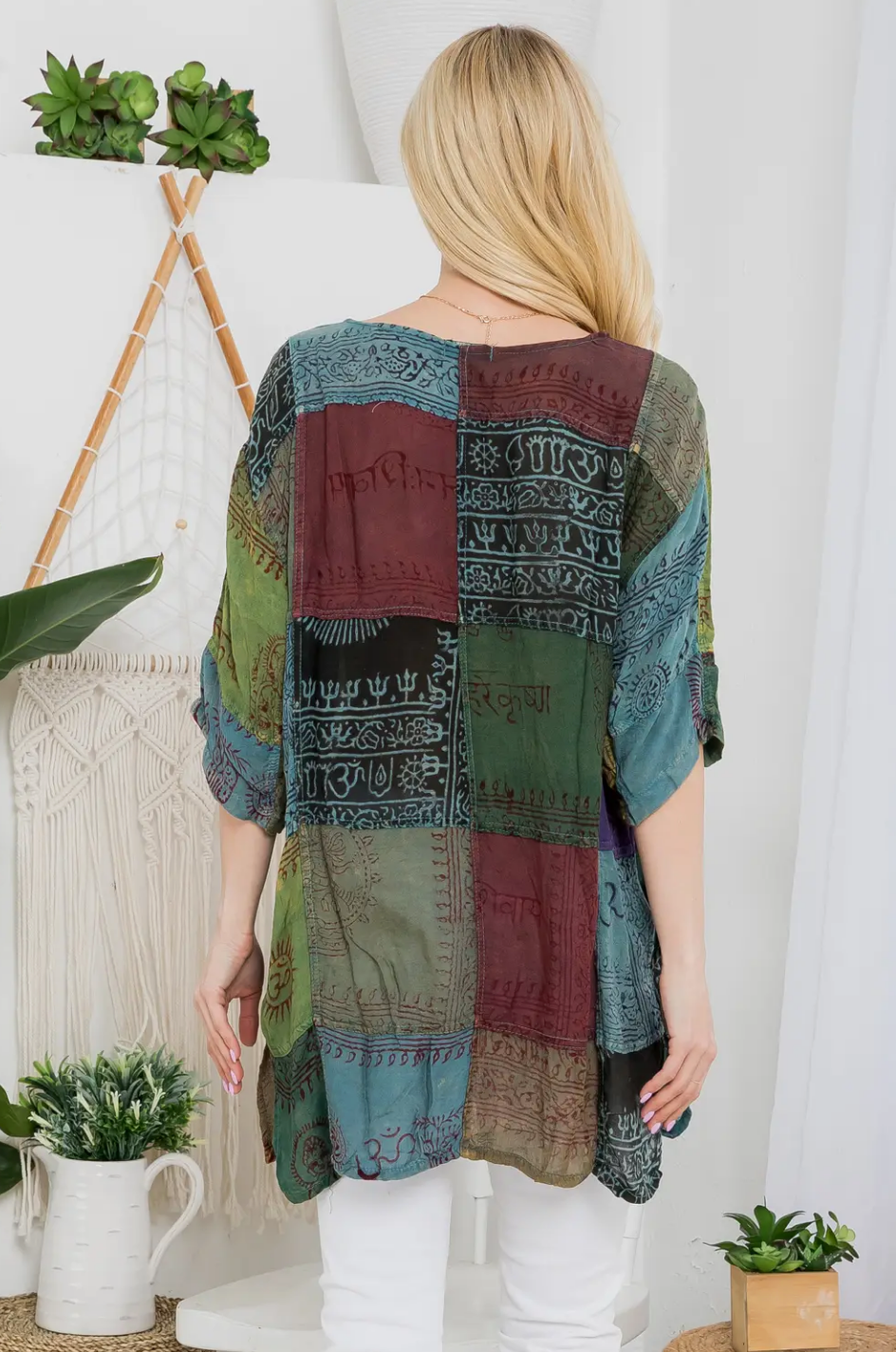 Deity Print Patchwork Rayon Top