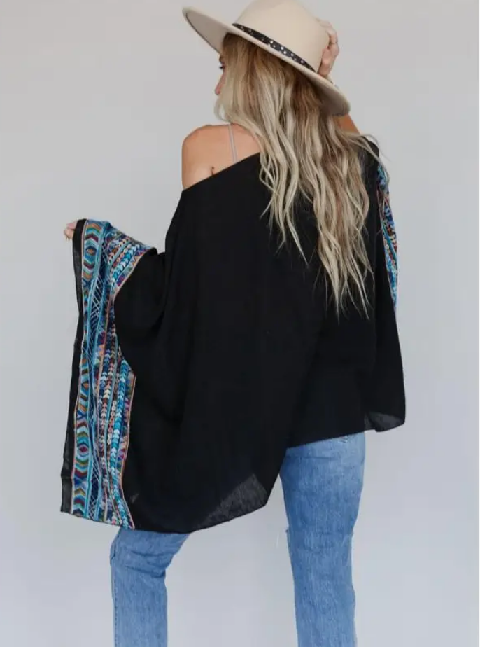 Sale: Fallon Embroidered Sleeve Poncho - Black