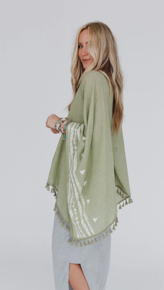 SALE: Fallon Embroidered Sleeve Tassel Poncho - Sage