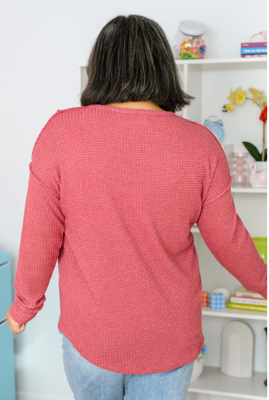 SAMPLE SALE: 3XL Lean Into Something Cozey Waffle Knit Top in Burgandy