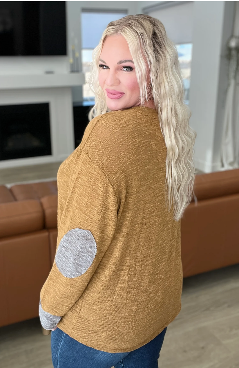 SAMPLE SALE: LARGE TEXTURED TOP WITH ELBOW PATCHES IN CAMEL