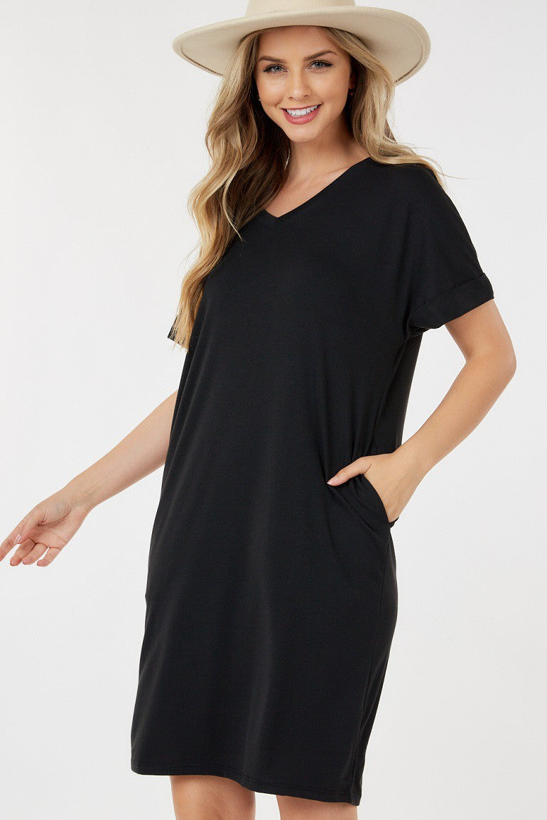 Short folded Sleeve V Neck Dress Black