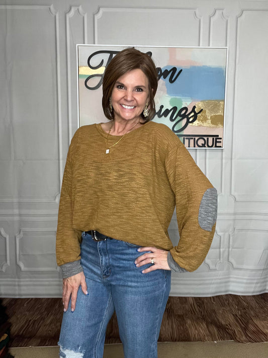 Textured Top with Elbow Patches in Camel