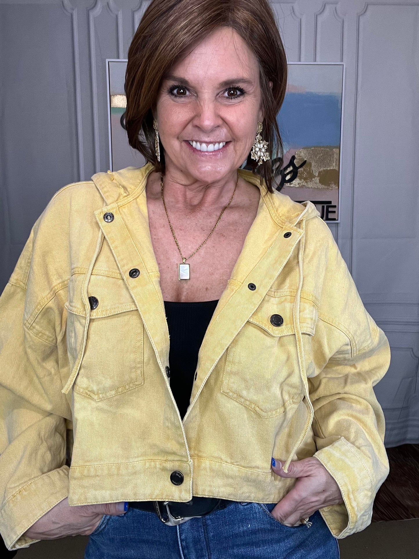 Cropped Hooded Denim Jacket in Mustard