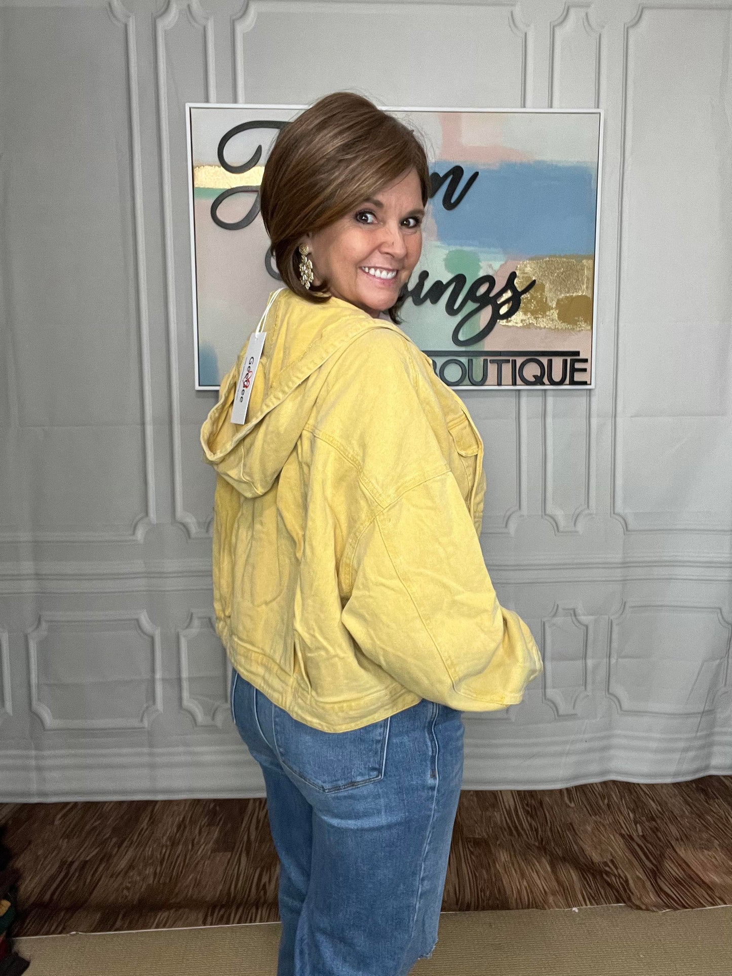 Cropped Hooded Denim Jacket in Mustard