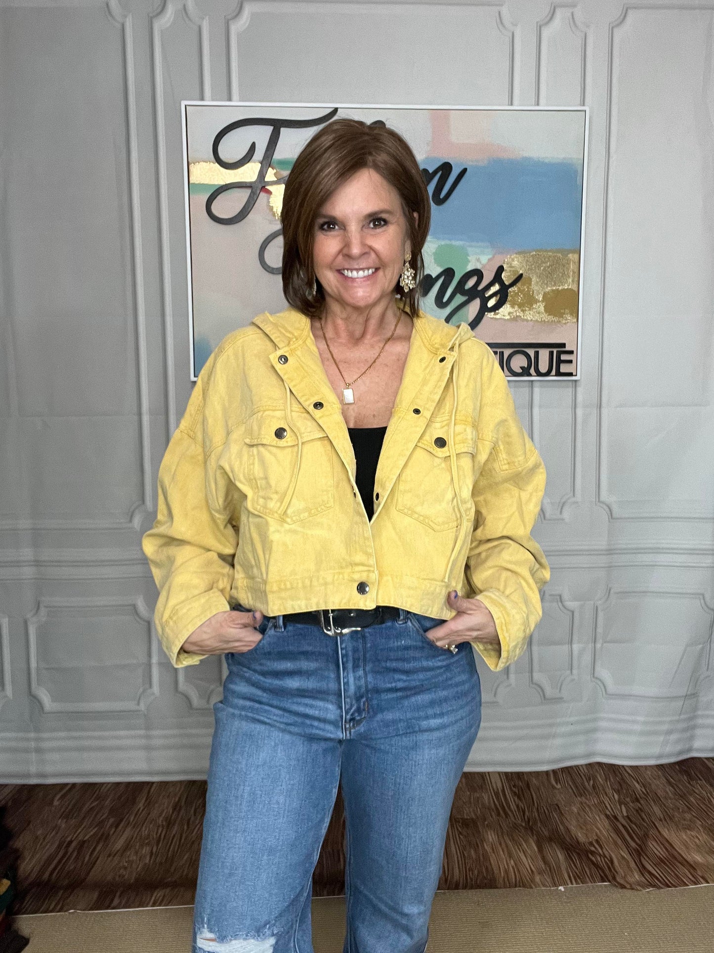 Cropped Hooded Denim Jacket in Mustard