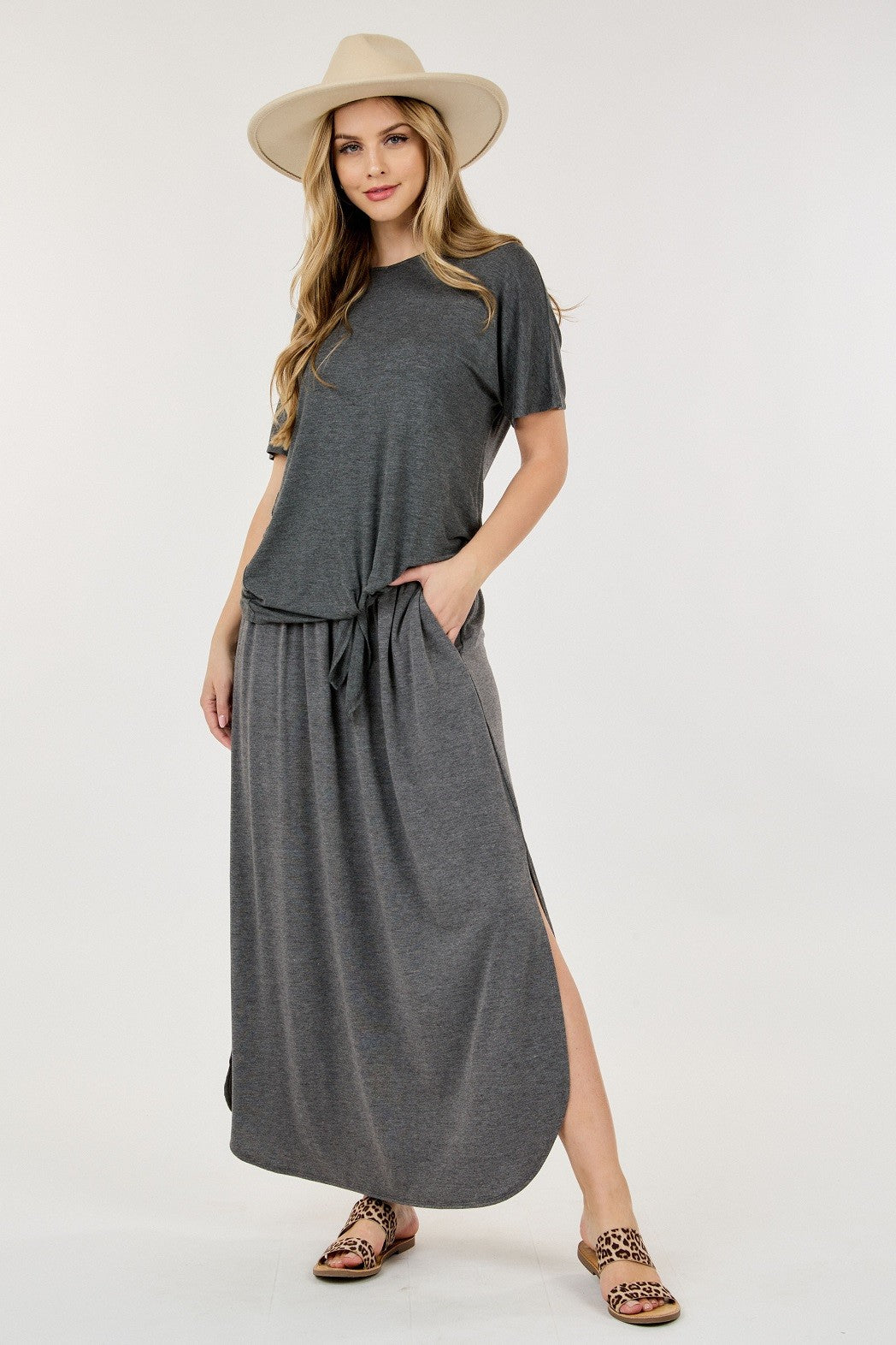 Smocked Waist Maxi Skirt Grey