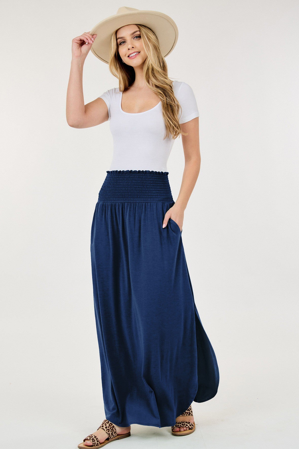 Smocked Waist Maxi Skirt Navy