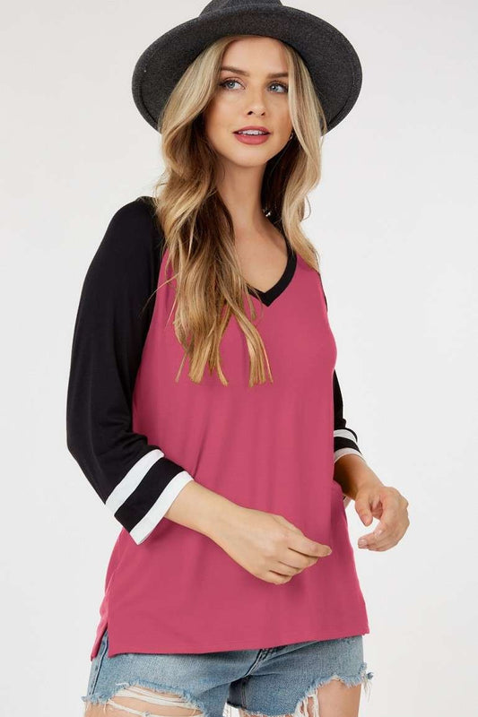 V Neck Top with 3/4 Striped Sleeves Deep Mauve