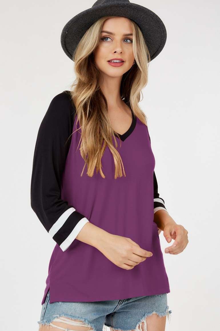 V Neck Top with 3/4 Striped Sleeves in Plum