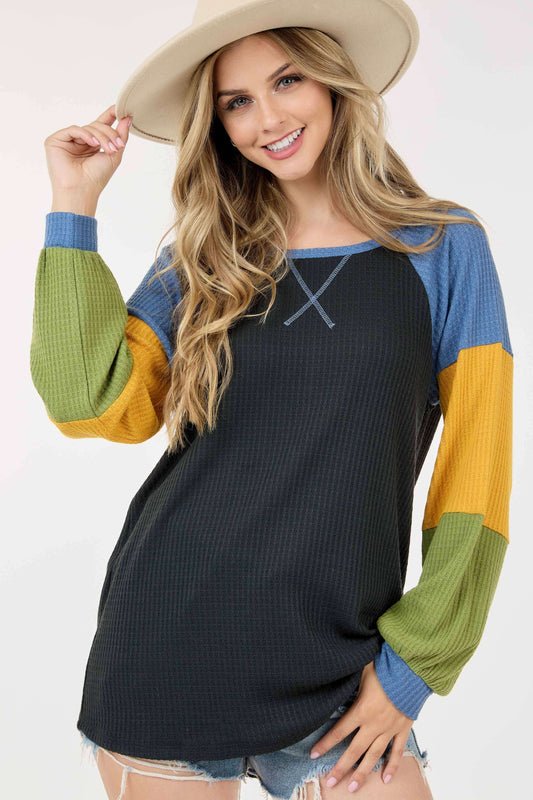 Long Sleeve Color Contrast Round Neck Waffle Top Black