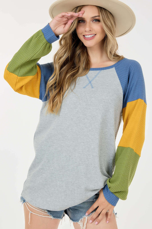 Long Sleeve Color Contrast Round Neck Waffle Top Heather Grey