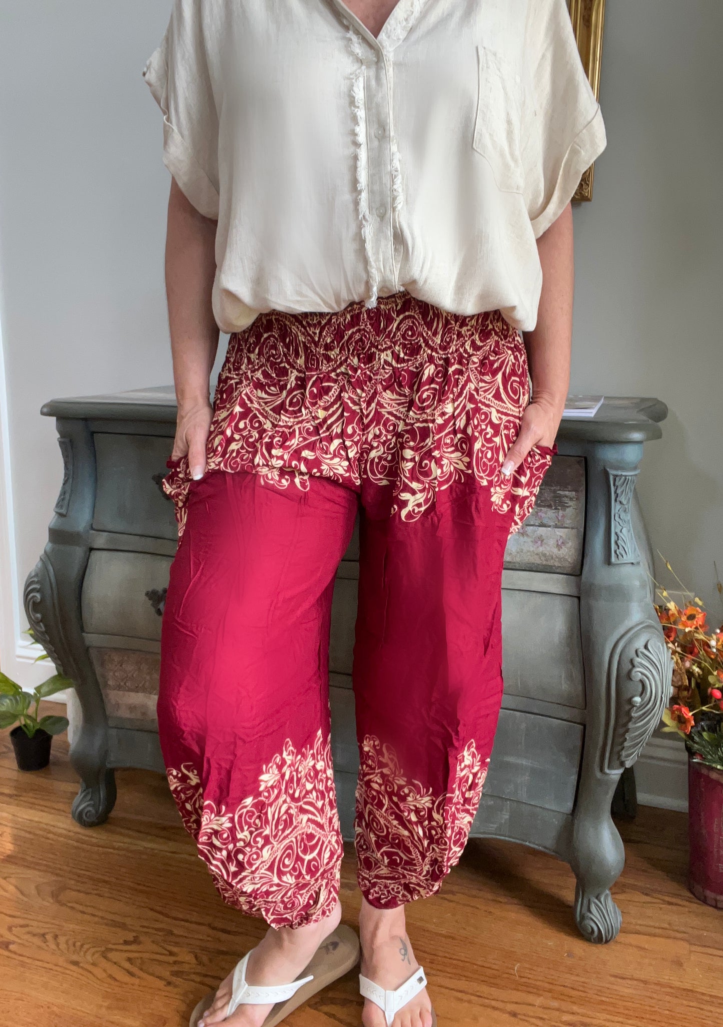 Candelabra Smocked Waist  Jewel Toned Pants Ruby Red