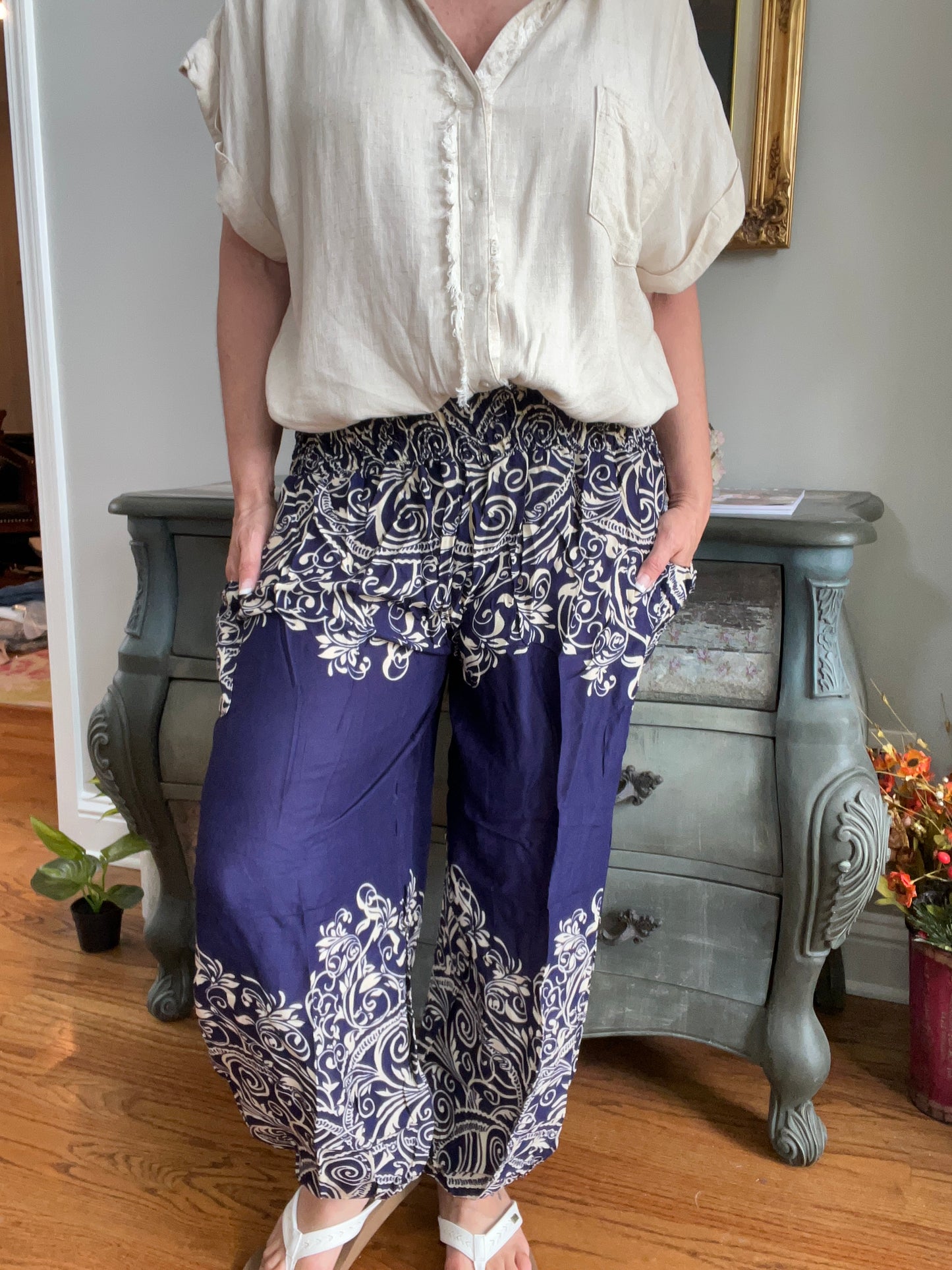 Candelabra Smocked Waist Jewel Toned Pants Blue