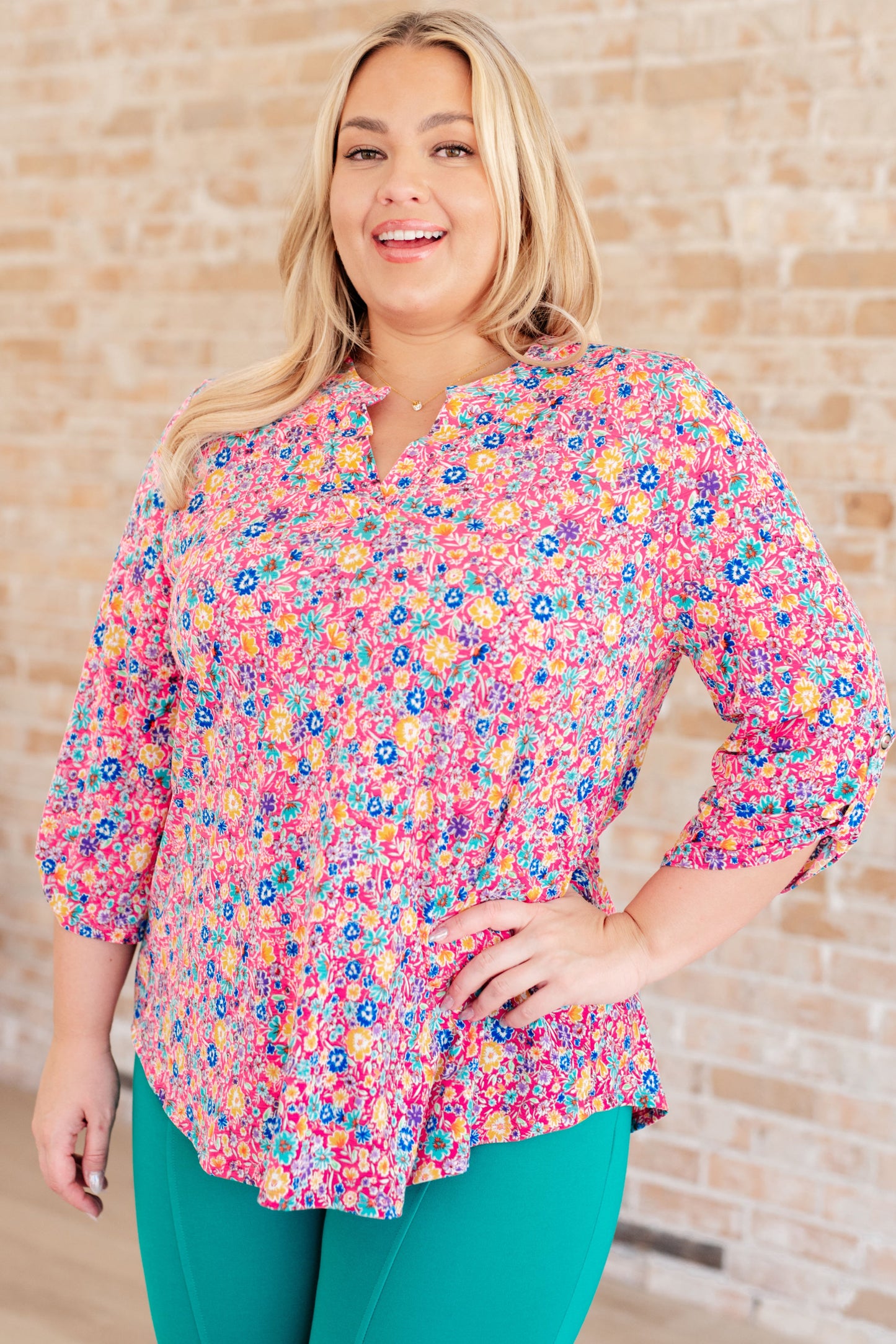 Lizzy Top in Hot Pink and Turquoise Ditsy Floral