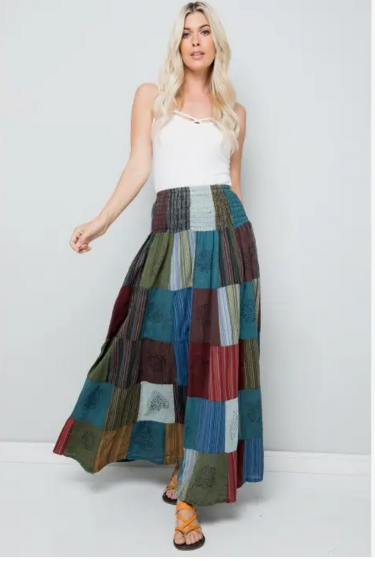 Festival Patchwork Smocked Waist Maxi Skirt