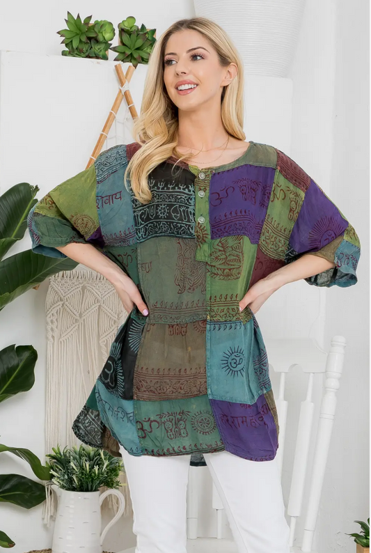 Deity Print Patchwork Rayon Top