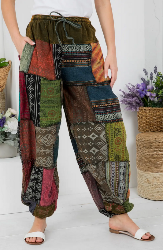 Festival Vintage Wash Patchwork Drawstring Waist Pants