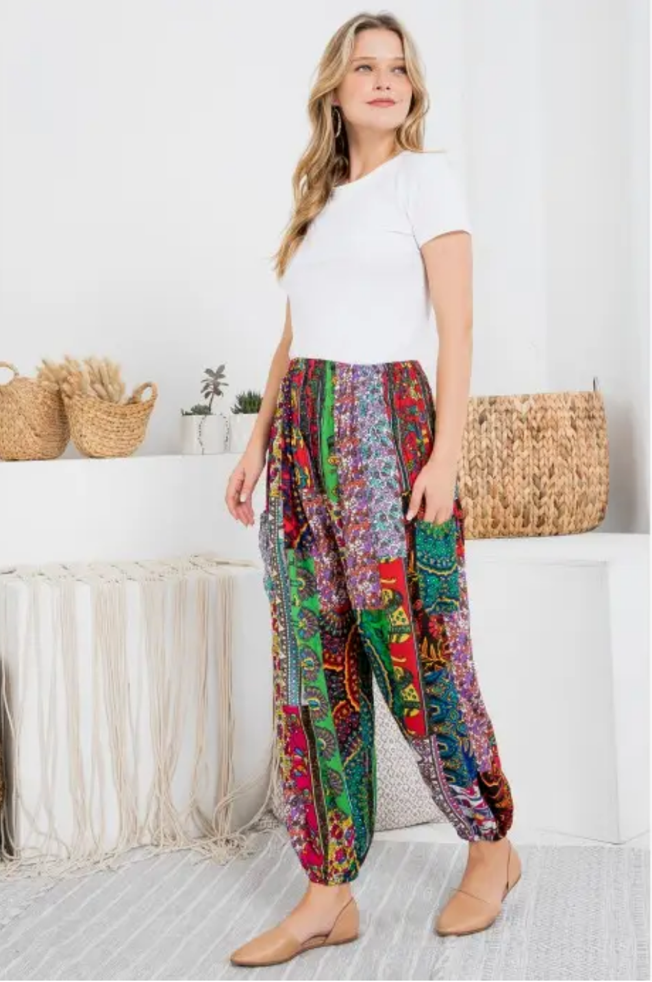 Festival Patchwork Smocked Waist  Rayon Pants