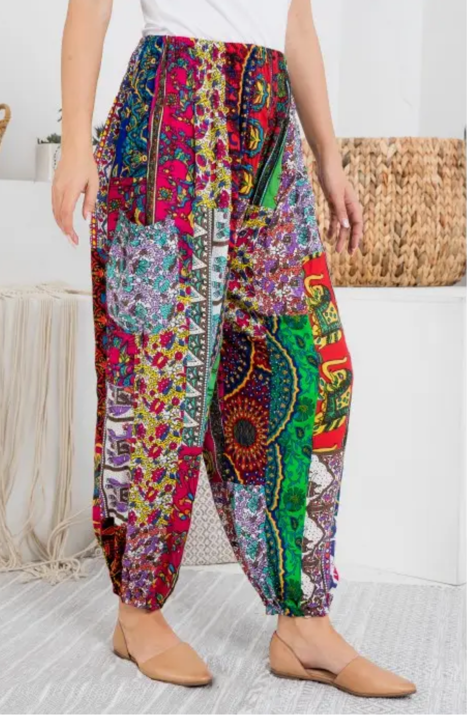 Festival Patchwork Smocked Waist  Rayon Pants