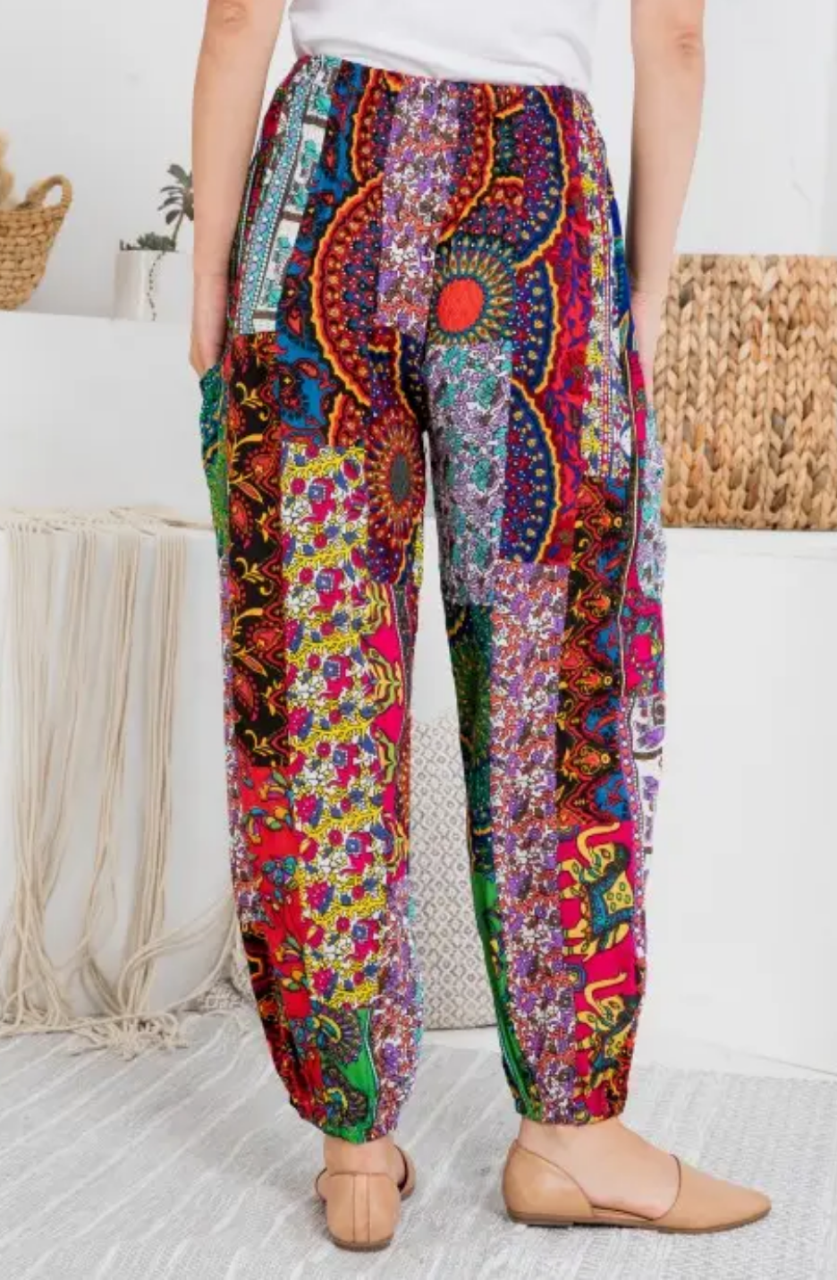 Festival Patchwork Smocked Waist  Rayon Pants