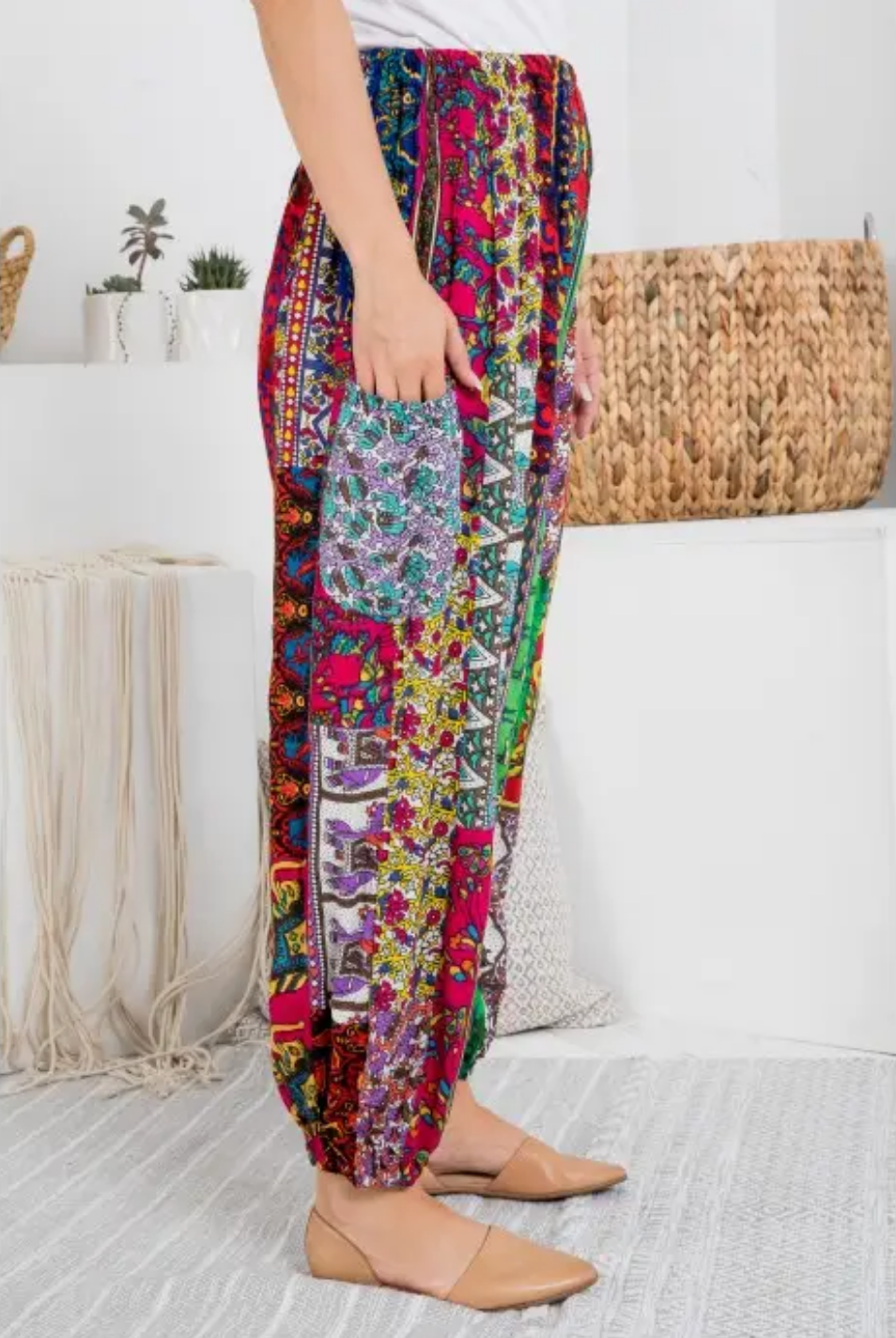 Festival Patchwork Smocked Waist  Rayon Pants