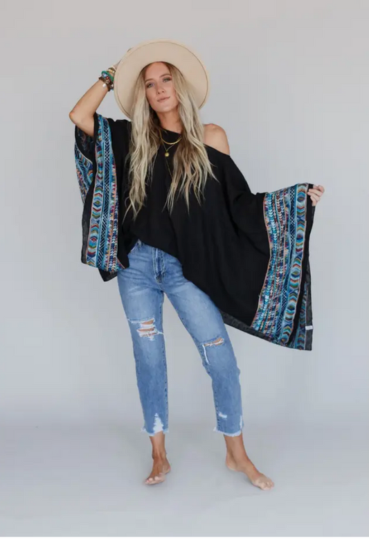 Sale: Fallon Embroidered Sleeve Poncho - Black