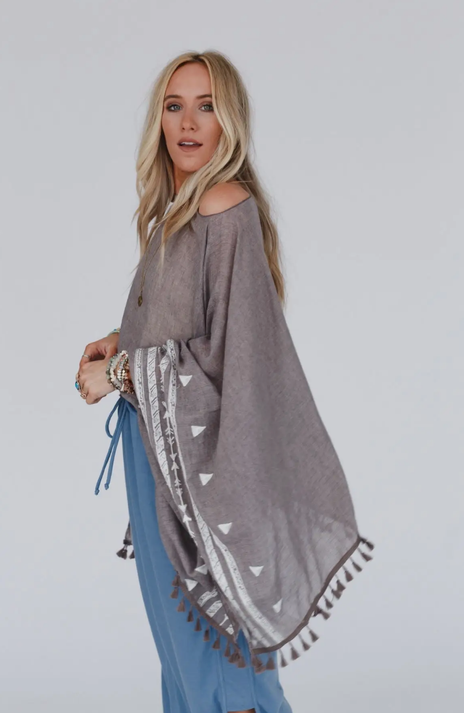 SALE: Fallon Embroidered Sleeve Tassel Poncho - Mocha