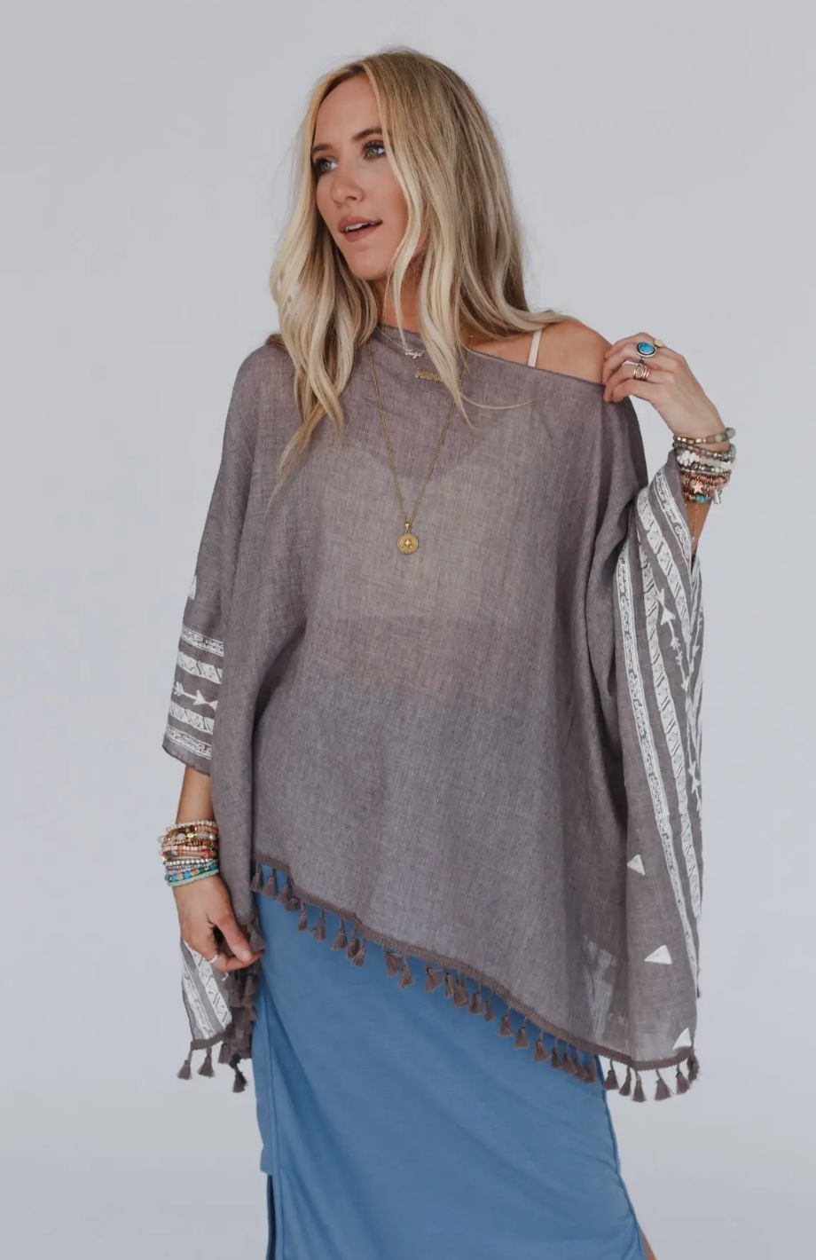 SALE: Fallon Embroidered Sleeve Tassel Poncho - Mocha