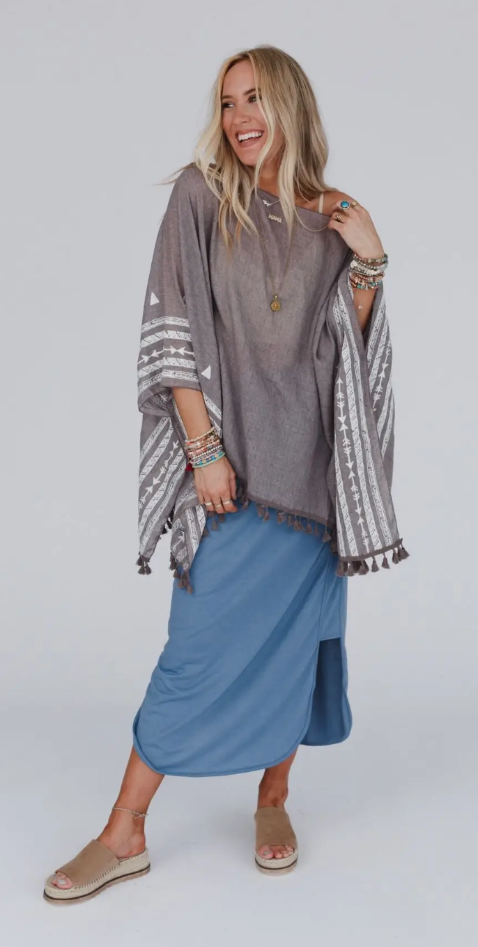 SALE: Fallon Embroidered Sleeve Tassel Poncho - Mocha