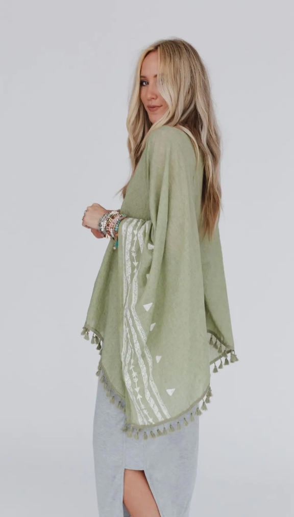 SALE:  Fallon Embroidered Sleeve Tassel Poncho - Sage