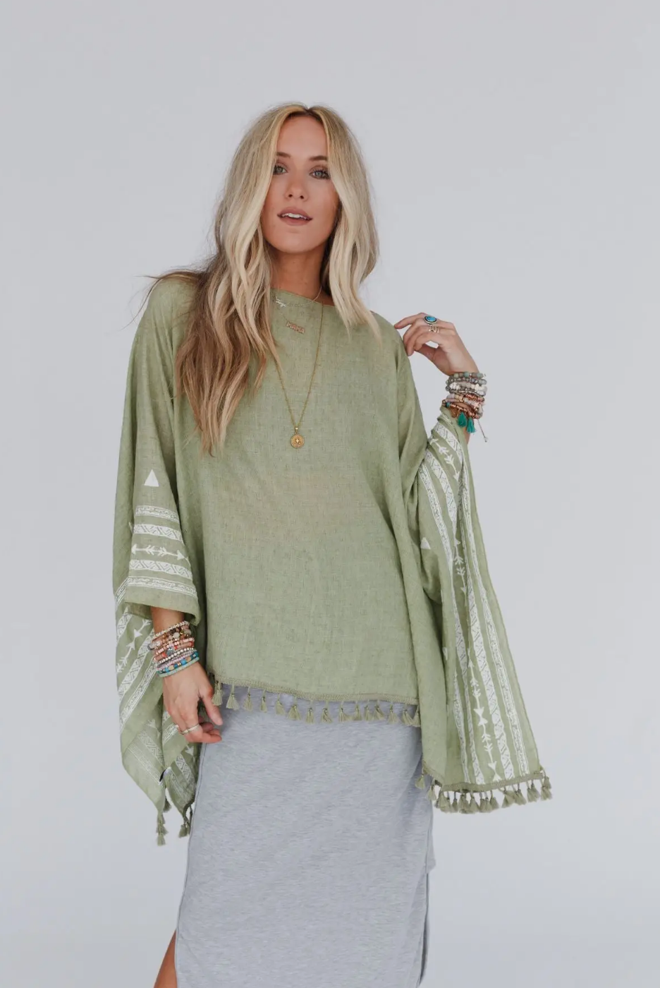 SALE:  Fallon Embroidered Sleeve Tassel Poncho - Sage