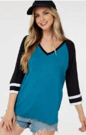 V Neck Top with 3/4 Striped Sleeves Teal