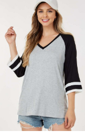 V Neck Top with 3/4 Striped Sleeves Heather Grey