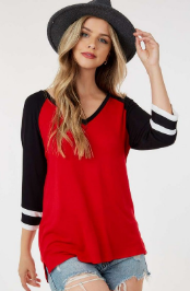 V Neck Top with 3/4 Striped Sleeves Red