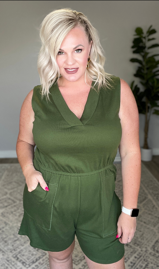 SAMPLE SALE! XLARGE : Sleeveless V-Neck Romper in Army Green