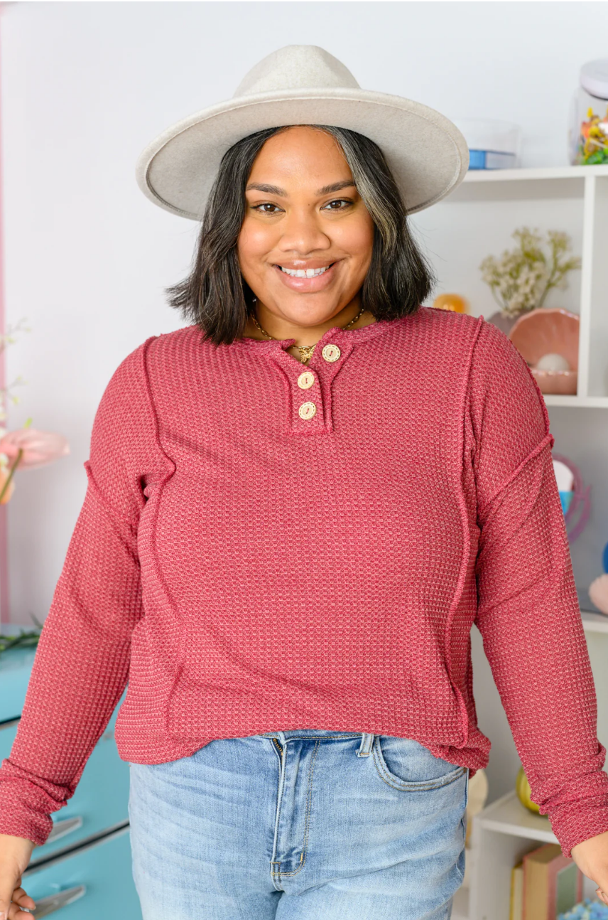 SAMPLE SALE: 3XL  Lean Into Something Cozey Waffle Knit Top in Burgandy