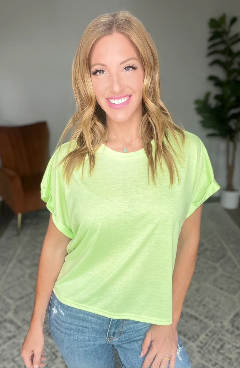 SALE: ROUND NECK CUFFED SLEEVE TOP IN LIME