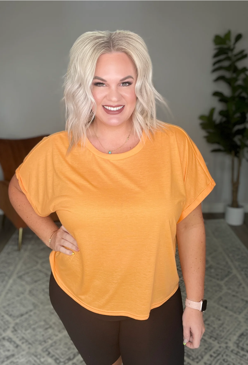 SALE:  ROUND NECK CUFFED SLEEVE TOP IN NEON ORANGE