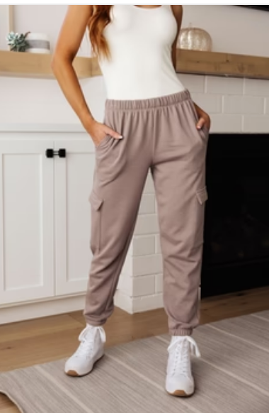 SAMPLE SALE:  LARGE ( 2PC SET ) Lounge A Lot Cut Off Sweatshirt  AND Cargo Pants in Mocha