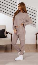 SAMPLE SALE:  LARGE ( 2PC SET ) Lounge A Lot Cut Off Sweatshirt  AND Cargo Pants in Mocha