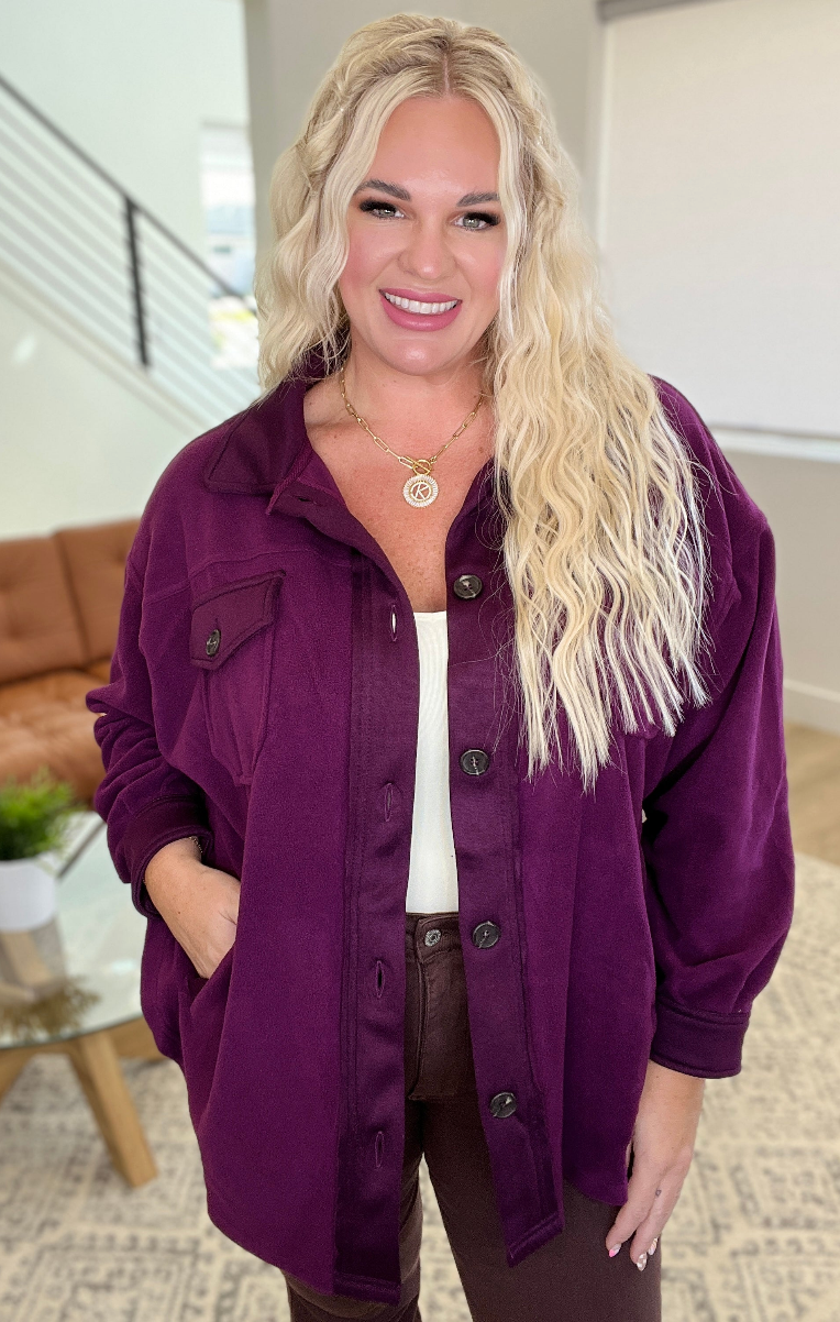 SAMPLE SALE:  LARGE   OVERSIZED BASIC FLEECE SHACKET IN PLUM