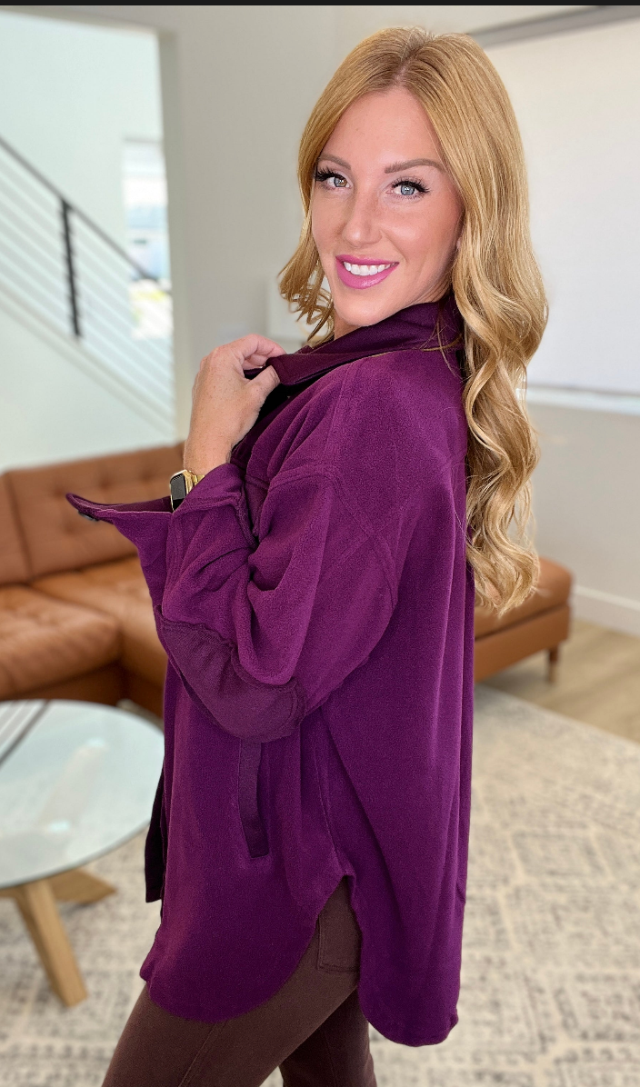 SAMPLE SALE:  LARGE   OVERSIZED BASIC FLEECE SHACKET IN PLUM