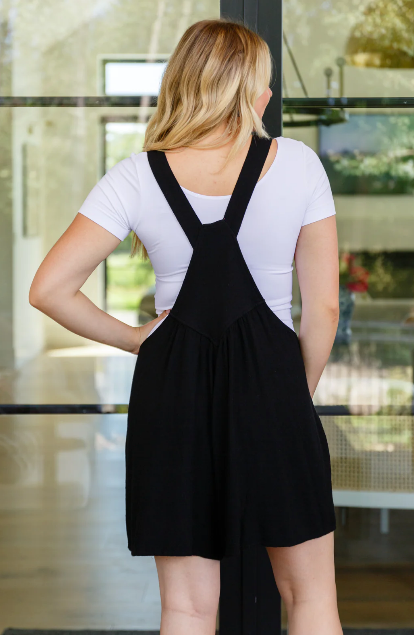 SAMPLE SALE:  LARGE   I WANT YOU BACK LINEN BLEND SHORTALLS IN BLACK