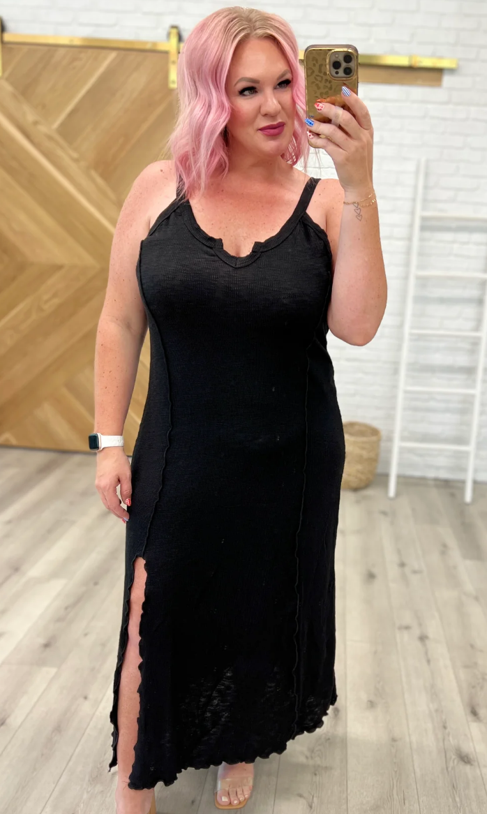 SAMPLE SALE:  XL  NOTCHED SCOOP NECK MAXI DRESS IN BLACK