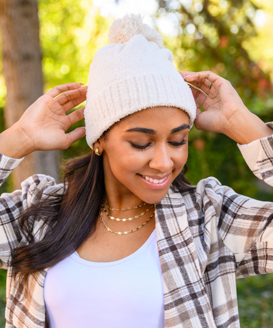 SALE:  Slouchy Bouncy Pom Beanie in Ivory