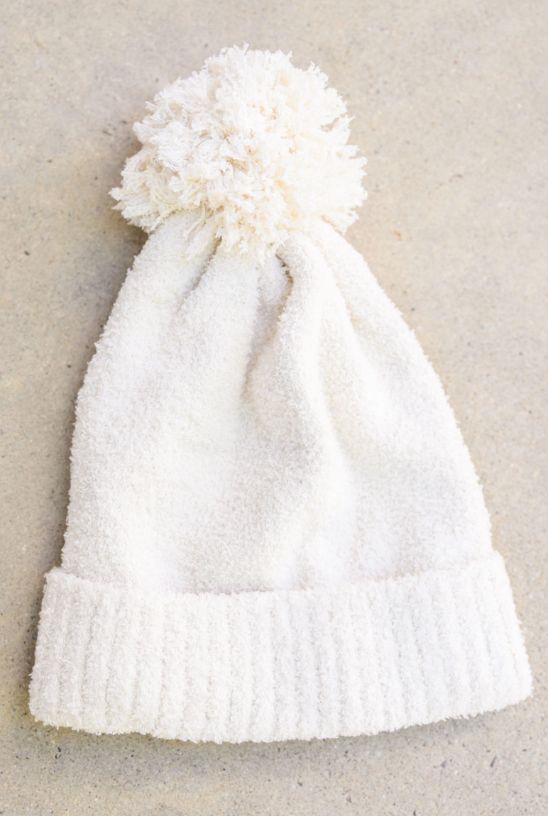 SALE:  Slouchy Bouncy Pom Beanie in Ivory