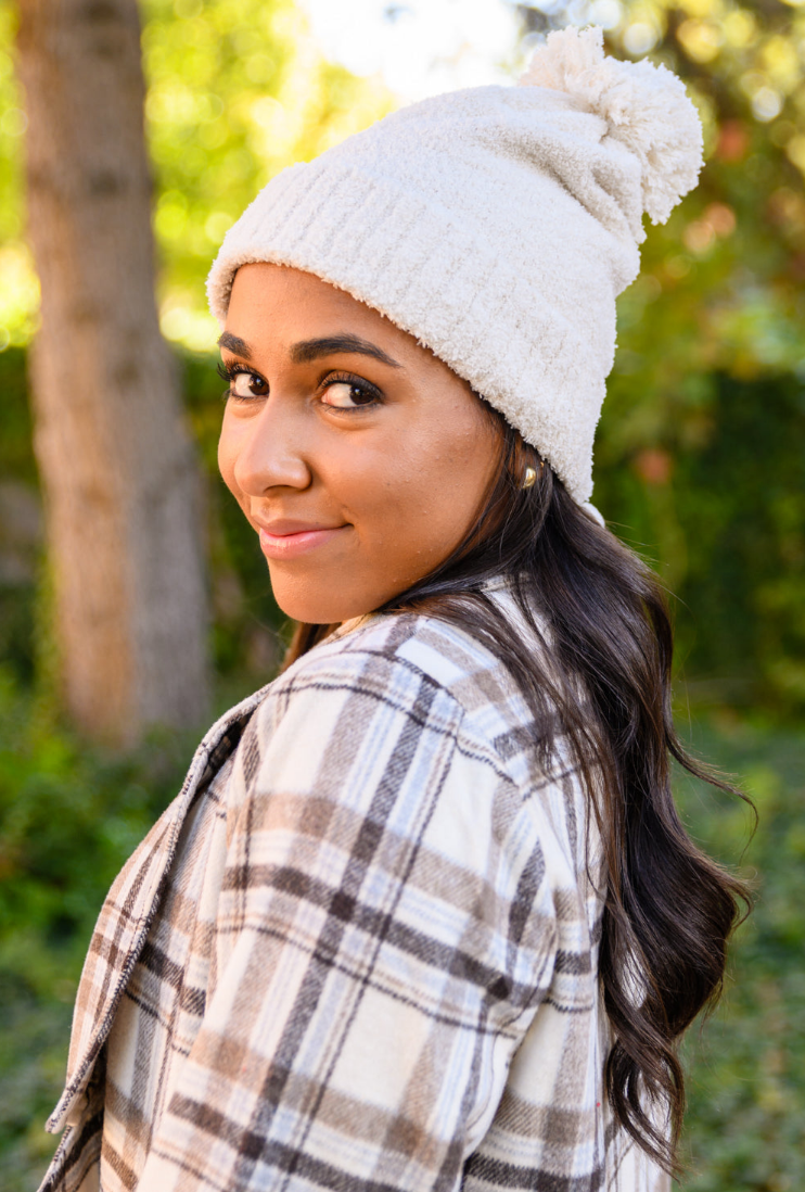 SALE:  Slouchy Bouncy Pom Beanie in Ivory